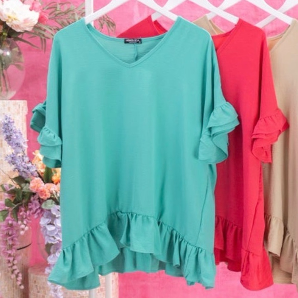 Elegant Teal Ruffle Sleeve Blouse